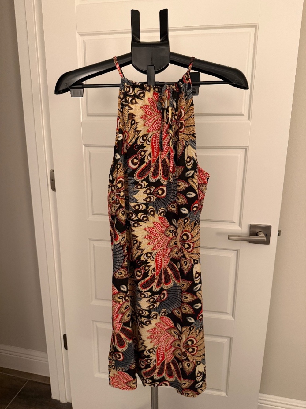 SHEIN Vacay Black Floral Halter Maxi Dress With Red & Cream Accents